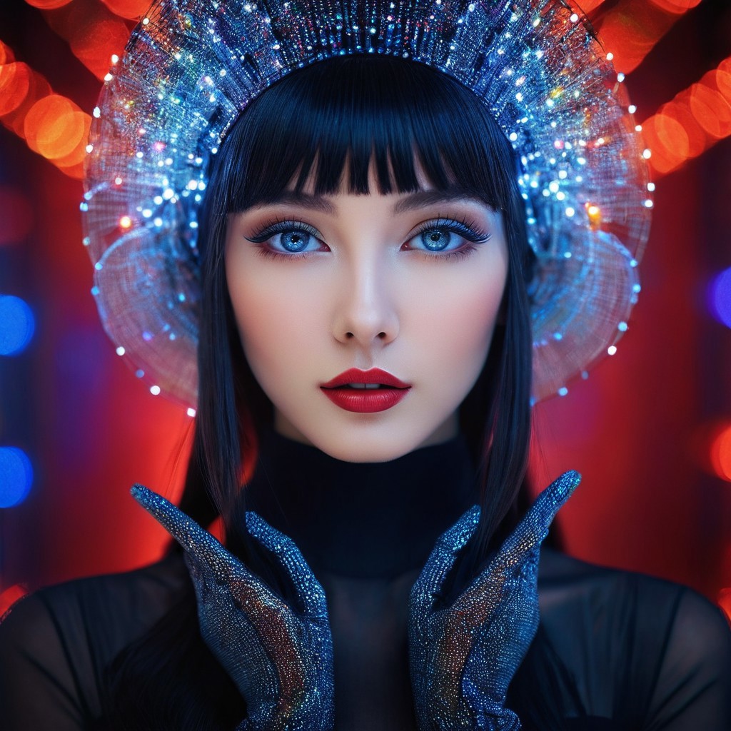 Masterpiece of computer art, a breathtaking image of an solo exotic girl made entirely of colorful LED diodes. Soft lighting photography captures her enigmatic face in perfect detail, with red cosmetics accentuating her features. A surreal, double-exposed background reveals intricate geometric patterns and fine borders, while cinematic bokeh adds depth to the scene. Framed by a worn-down, black dress and gloves, she wears a silk hat, exuding an air of futurism and sci-fi allure. Her petite stature, and long, fiber-optic hair create a mesmerizing visual feast. Her blue-grey eyes seem to focus on the viewer, as if beckoning us closer. The image is a stunning blend of artistic photorealism, anime colors, and cinematic flair.