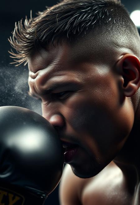 still slow motion shot, tight zoom on a strong black boxer being hit in the jaw by a black boxing glove at a heavyweight championship, the force of the impact is throwing a cloud of misty sweat all around the head of the fighter, his hair is waving away from the punch, the skin of the cheeks are wobbling, the lips are tight together