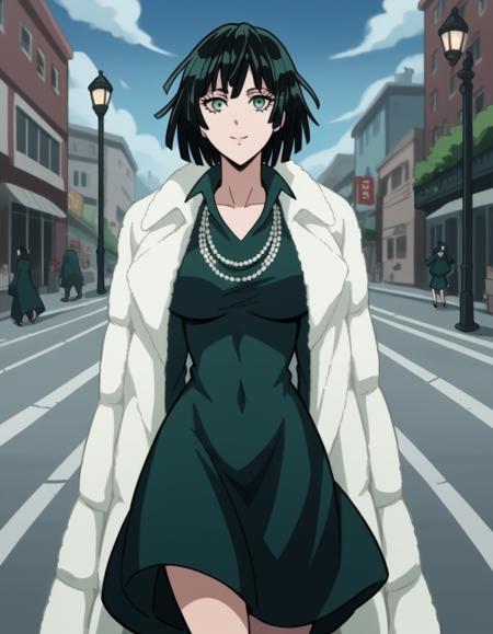 <lora:opm-fubuki-anime-s1s2-ponyxl-lora-nochekaiser:1>, fubuki, fubuki \(one-punch man\), black hair, green eyes, short hair, large breasts, black dress, dress, fur coat, high collar, jewelry, necklace, off shoulder, taut clothes, taut dress,