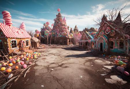 generate an raw photo that reimagines ((Candyland in a post-apocalyptic)) setting with photorealistic detail. Depict the  (vibrant and colorful landscape of Candyland) now ravaged by the (aftermath of an apocalypse), where ((sugary structures lie in ruins)) amidst a desolate wasteland. Incorporate elements such as ((crumbling gingerbread houses, twisted candy cane forests overtaken by weeds, and rusted remnants of candy-themed attractions)). Utilize the advanced capabilities of the Stable Diffusion Model to render textures and lighting effects that enhance the realism of the scene, capturing the (eerie juxtaposition of sweetness and decay). Your aim is to evoke a sense of nostalgia for the (whimsical world of Candyland) while conveying the somber atmosphere of a world transformed by (catastrophe), 
full shot, wide angle, village, several buildings, multicolors, everything made of candy, spirals, stripes,  lollypop trees, cotton candy clouds, gumdrops, chocolate, licorice, bright daylight, post-apocalyptic, decay