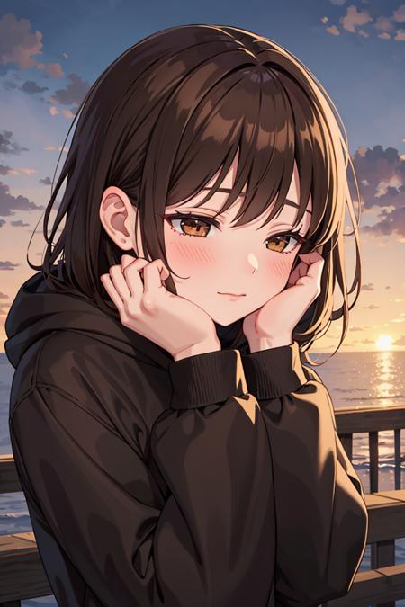 (masterpiece), best quality, high resolution, extremely detailed, detailed background, cinematic lighting, outdoor, 1girl, brown hair, brown eyes, black hoodie, blush, close-up, closed mouth, half-closed eyes, hands on own face, hood down, long sleeves, sleeves past wrists, looking away, looking to the side, portrait