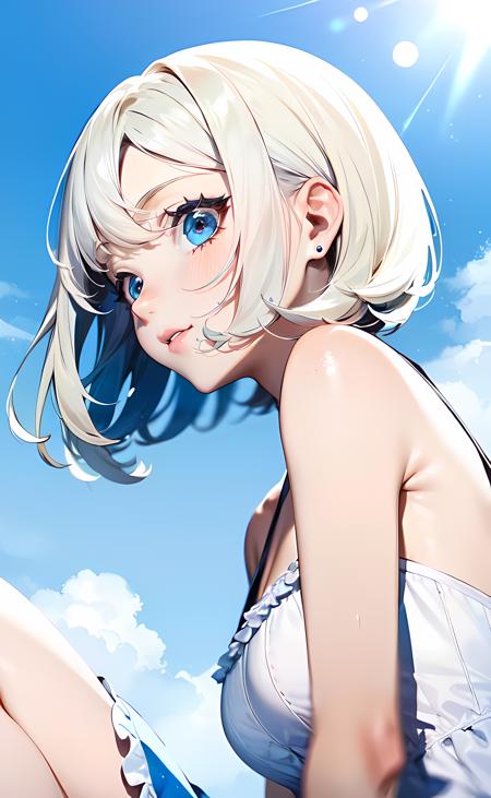 1girl, close up, shoulder focus, from side, short hair, blonde hair, blue eyes, white dress, sleeveless dress, frilled dress, bare shoulders, bare arms, blue sky, sunlight