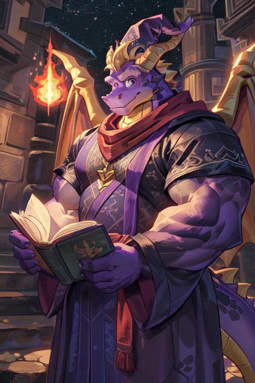 (high quality), ((spyro, dragon wings, anthro), solo, male focus, red bandana around the neck, (big eyes:1.2)) muscular, bodybuilder,  thick muscles, bulky muscles, hyper biceps, biceps, thick arms, thick thighs, huge thighs, thighs, huge legs, thick legs, extremely huge muscular pectorals, large pectorals, manly, smiling,  (wearing wizard robe, blue clothes, wearing a wizard hat:1.2), (reading a floating book, create fireball in his hand),  detailed face, detailed eyes, detailed body, front full body view, digital art, (fantasy rpg city)