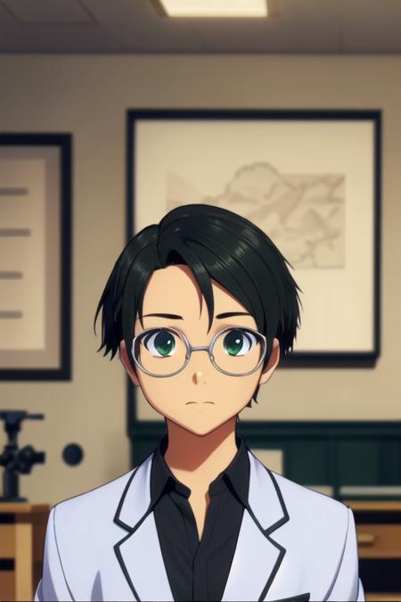 masterpiece, best quality, photorealistic, 1boy, solo, male focus, looking at viewer, upper body, , <lora:kengo_suguri:0.74>, kengo_suguri, black hair, green eyes, glasses, , science fiction alternate history,