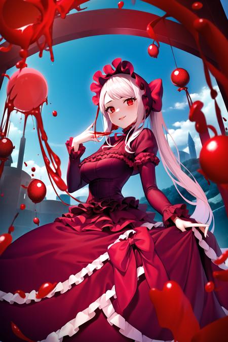 shalltear bloodfallen, casual dress, blood pool, 1girl, red eyes, solo, dress