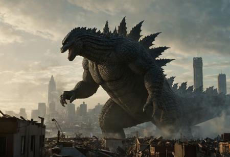 epic but calm scenery, Chiaroscuro Lighting Style, cinematic show particles in the foreground, detailxl, (shallow depth of field:2), godzilla above a small city, a godzilla with his massive tail and his plates all over his back, spacious, foggy morning, city is partially destroyed, (Garrett Edwards movie style)