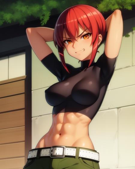 <lyco:r16-Riza-NAI-LyCORIS:0.9>
1girl, solo, riza wildman, upper body, cropped shirt, arms behind head, smug, abs, obliques, navel, green pants, belt