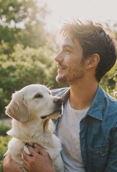 cinematic film still fashion photography portrait of 1man with cute dog as companion, headshot, sunlight , Fine Art & Beauty Photography – ,,light diffraction in frame, dreamy,hazy look.  Helios 44-2 lens mounted on a Praktica MTL 5B Helios 44M-4 lens, 58mm f/2,   in a garden. authentic happy smile towards camera, <lora:hand 4:0.3>