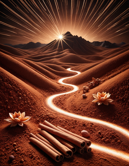 rendered in corel art of a landscape of a Impressive ral-spicecinnamon, award winning, High Contrast background, Bloom light, F/5, Light streaks, <lora:ral-spicecinnamon-sdxl:0.9>, sublime, cute, luxurious, highly detail, background inspired, highly contrasted, professional creative, romantic