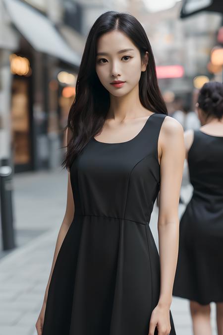 ((tall mature body)), (fair white skin), (upper body:1.2), (lower body:1.2), nikon RAW photo,8 k, Fujifilm XT3,masterpiece, best quality, realistic, photorealistic, ultra detailed, extremely detailed face, solo,1girl, standing at an empty street, fashionable and trendy atmosphere, and a stylish expression on her face, (medium waist), (medium hip), (((black dress))), sleeveless, loose dress, (medium breast), (midnight), looking at viewer, close up, ((small head))