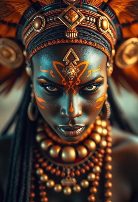 Modern, 2020s, detailed cinematic shot from, realistic cinematic scene, Behold the stunning portrayal of an exquisitely realistic African woman, adorned with the sacred symbols of her ancient tribe a visual masterpiece destined to captivate the senses and transport you to a paradisiacal realm perfectly suited for adorning the mystical tapestry of a tropical party poster. orange and gold as main color., full body shot of showing detailed intricate work, shot in the style of  wes anderson and stephen king, oscar winning photography, striking image captures, meticulous attention, stunning costume design