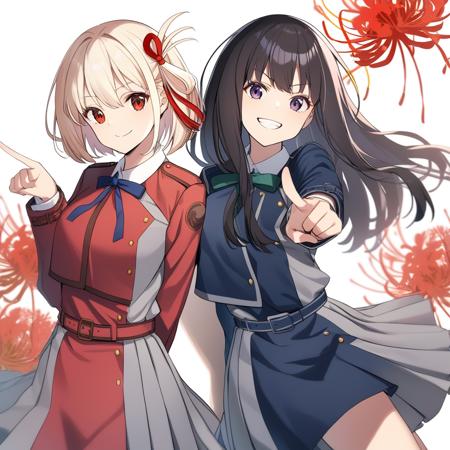 <lora:ly4dim:1>,inoue takina, multiple girls, nishikigi chisato, 2girls, lycoris uniform, two-tone dress, grey dress, pleated dress, dress, ribbon, red dress, smile, flower, looking at viewer, spider lily, blue dress, belt, neck ribbon, red belt, blue belt, back-to-back, collared shirt, shirt, long sleeves, school uniform, pointing, blue ribbon, grin, white shirt, green ribbon, closed mouth, pointing at viewer