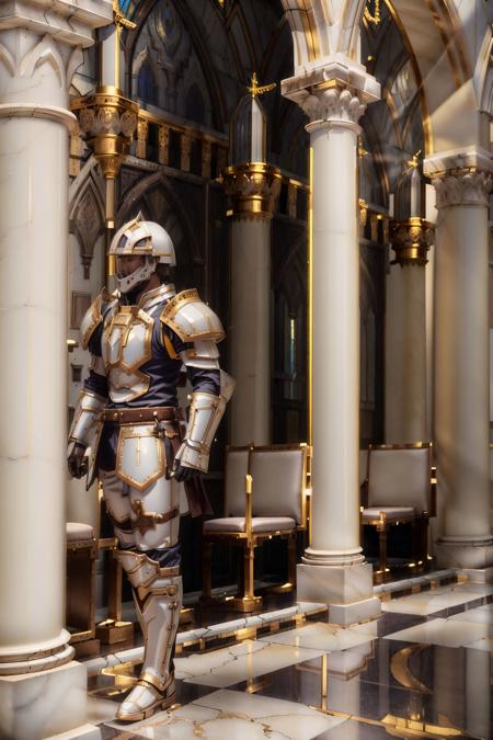 (Masterpiece photograph:1.4), fine detail, HDR, knight in highly detailed shiny white armor with gold plating PLD_IM, photorealistic standing in an ancient marble church with stained glass during golden hour, <lora:PLD_IM:0.75> 