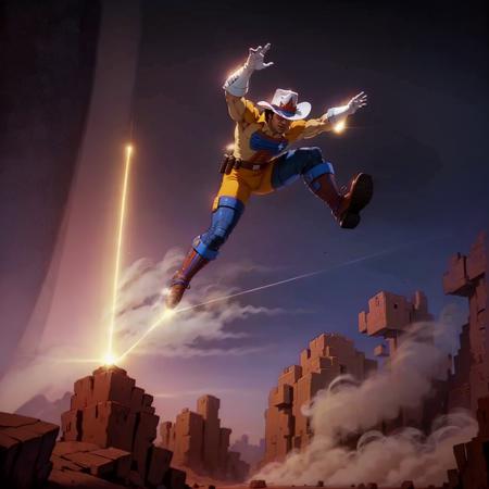 raw photo,  realistic, photorealistic,
1boy, solo, smile, bravestarr, hat, cowboy hat, black hair, gloves, male focus, white gloves, blue boots,  dark skin, dark-skinned male,  (toned body:1.1), Jumping from a cliff, detailed background,
 <lora:Bravestarr_1987:0.65>