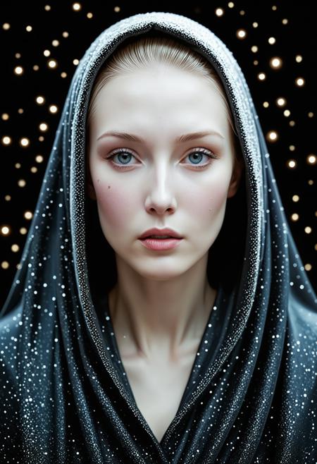 rating_safe, breathtaking detailed, masterpiece, absurdres, awe-inspiring, best quality, vibrant colors, photorealistic, (pale porcelain-skinned woman), (ethereal beauty), BREAK (soft glowing makeup), (long elegant neck, smooth flawless skin), BREAK (wearing a dark cosmic hooded cloak, speckled with stars), (hood draped over head), BREAK (subtle sparkle particles gently glowing), BREAK (serene expression, slightly parted lips, distant gaze toward the light), (moody chiaroscuro lighting), BREAK (deep shadows with dramatic highlights on skin), (cinematic atmosphere, highly detailed face), BREAK (realistic fabric textures with shimmer), (fine eyelashes, soft ambient glow), BREAK (center composition, portrait-style), (vivid eyes reflecting starlight), (elegant and mysterious presence)    <lora:sdxl_Lumiya_SDXL.safetensors:1.0:1.0> <lora:sdxl_crazywhatever-style.safetensors:0.4:0.4>