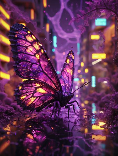 Larvascope, Giant Butterfly Larva Strolling Through a Microscopic City: A colossal velvet-textured butterfly larva gracefully meanders through a miniature city. The urban landscape is crafted from intricate electronic components and gears, glimmering with neon lights. Each step of the larva triggers minuscule earthquakes, reverberating through capacitor skyscrapers. The background features a nebula composed of DNA helices, hinting at the origins of life. The entire scene is shrouded in a psychedelic purple haze, creating a dreamlike and absurd atmosphere. 2010s vintage RAW photo effect, highly detailed, shallow depth of field, cinematic lens, imperfections in natural lighting, color graded.