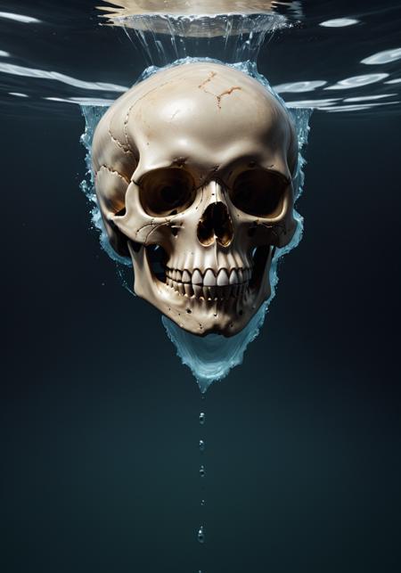 Hyperrealistic art <lora:FF-Style-MidJ-NEW-Week3:1> a skull is floating in the water, fantasy skull, dark but detailed digital art, skull liminal void background, 4k highly detailed digital art, photorealistic dark concept art, very detailed digital painting, digital art 4k unsettling, 3d render digital art, ultradetailed digital painting, highly detailed digital painting, 4k detailed digital art, low detailed. digital painting . Extremely high-resolution details, photographic, realism pushed to extreme, fine texture, incredibly lifelike