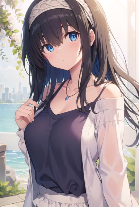 fumikasagisawa, <lora:fumikatest:1>,
BREAK fumika sagisawa, blue eyes, black hair, hair between eyes, hairband, long hair, hair over eyes,
BREAK blue sweater, collarbone, jewelry, necklace, shawl, sweater,,
BREAK looking at viewer,
BREAK outdoors, city,
BREAK <lora:GoodHands-vanilla:1>, (masterpiece:1.2), best quality, high resolution, unity 8k wallpaper, (illustration:0.8), (beautiful detailed eyes:1.6), extremely detailed face, perfect lighting, extremely detailed CG, (perfect hands, perfect anatomy),