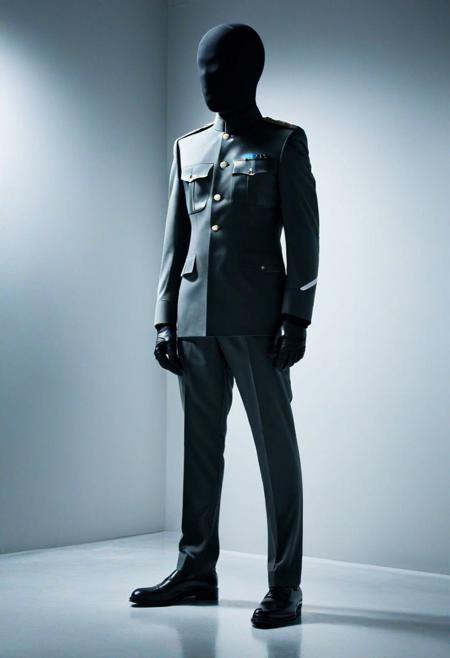 Imagine the enigmatic (mystery man) in his distinctive faceless military uniform, a garment he never sheds. This uniform, tailored for a lifetime, exudes an air of secrecy and permanence. Envision him in a (dramatic, futuristic backdrop:1.2), his features forever obscured by the uniform's faceless design, hinting at a mysterious existence and an unyielding commitment to his enigmatic persona, captured in a detailed full-body composition.