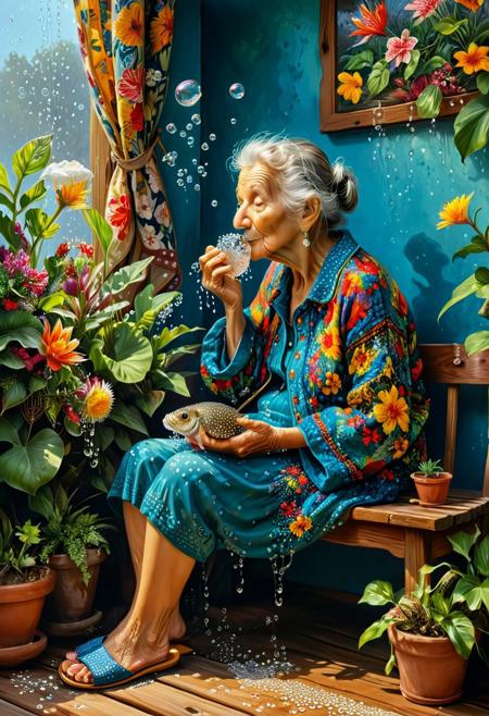 A hyperrealistic, wet oil painting depicts an old woman seated on a wooden bench. Wearing slippers and holding a pufferfish in front of her mouth to create numerous bubbles, she exudes warmth and friendliness.
The background features a home with a floral patterned curtain, a lamp, and a potted plant. The artwork is characterized by vibrant colors and intricate details. The resolution of the image is 4K UHD, providing a high-quality, immersive visual experience.