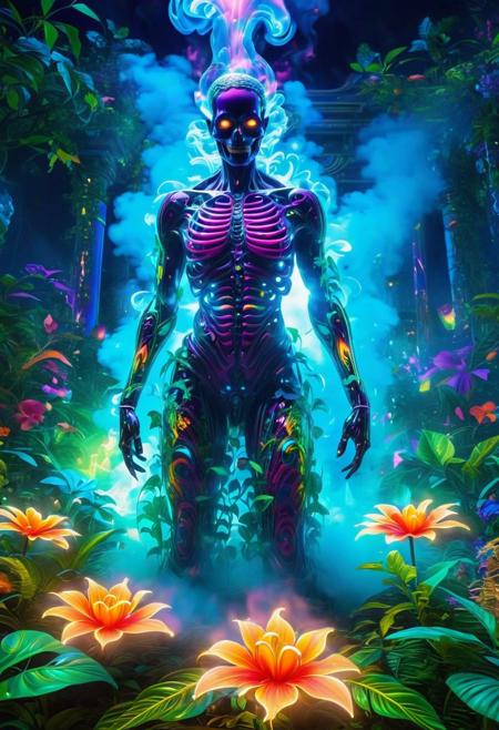 (Synesthetic garden of vibrant emotions, colors blooming with feelings:1.6), (petals shimmering with chromatic melodies:1.4), (leaves glowing with luminous harmonies:1.5),  famous artwork by (julie baroh:1.2), (dramatic scene:1.1), (fractal art:1.1), fantasy style, dynamic angle, enenra, formless mist like creature, made of smoke and vapor, transluscent, transparent, uncorporeal, humanoid shape in the smoke, glowing radiant presence, mystical ephemeral appearance,fog, ghostly apparitions, Bored, A slack jaw, drooping eyelids, and a slightly uninterested gaze. <lora:add-detail-xl:3 > . Dark, mysterious, haunting, dramatic, ornate, detailed
 expressive and immersive, (surreal art by Chiho Aoshima and Lisa Frank:1.3), synesthetic patterns, iridescent details, (emanating the beauty of sensory fusion:1.7), psychedelic landscape background, vibrant gradient hues, (a paradise of blended perceptions:1.4)