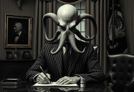president cthulu in a sharp pin striped suit posing for presidential portrait in the oval office, real photograph, signing bill, ominous darkness