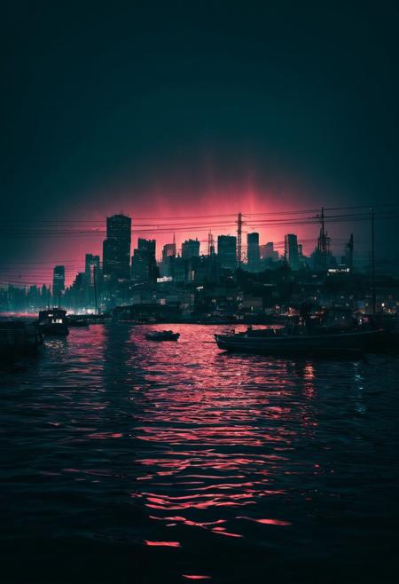 highly detailed and hyper realistic photo, by Alena Aenami , by Archibald Thorburn , by Daniele Afferni , a breathtaking otherworldly city landscape with psychedelic colors , in the style of monochromatic silhouette reflection, limited dark palette, unusual dark colors, faded colors, atmospheric haze, highly dramatic cinematic lighting, motion blur, film grain, professional, excellent composition, finest details, maximized details, ultimate detail level, masterpiece, best quality