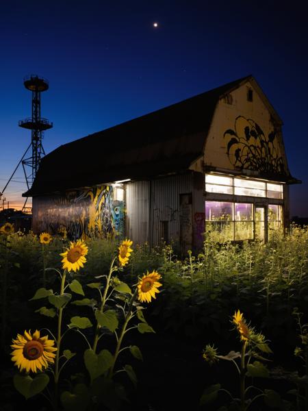 A hazy, polluted sky hangs heavy over a hyperrealistic urban scene. To the left, a skeletal industrial complex stands frozen in time. Rusted gears hang poised in mid-air, overtaken by vibrant purple wildflowers that bloom from twisted metal, their delicate petals a stark contrast to the industrial decay. In the center, a deserted gas station stands silent. Its pumps, transformed into towering sunflowers, reflect the distorted cityscape on their faces like funhouse mirrors. To the right, a weathered train depot whispers forgotten tales. Graffiti depicting surreal landscapes adorn its walls, while vines erupt from broken windows like defiant green fists. In the foreground, a cracked asphalt field becomes a canvas for bioluminescent moss, its pale glow a beacon in the industrial grime. Focus on the gritty textures of rust and decay, juxtaposed with the delicate beauty of the bioluminescent plants and surreal graffiti. <lora:EnvyBetterHiresFixXL01:0:hr=1>