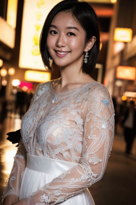 1girl wearing glamorous dress, at Shibuya city center,(RAW photo, best quality), (realistic, photo-realistic:1.4), masterpiece, an extremely delicate and beautiful, extremely detailed, 2k wallpaper, Amazing, finely detail, extremely detailed CG unity 8k wallpaper, ultra-detailed, highres, soft light, beautiful detailed girl, extremely detailed eyes and face, beautiful detailed nose, beautiful detailed eyes,perfect anatomy,soft light,slender body,city lights at night,smiling