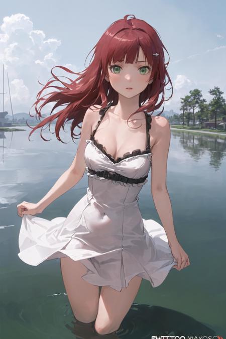 ((masterpiece, best quality, masterpiece)), ((ultra-detailed)), ((high resolution illustration)), ((an extremely delicate and beautiful)) ((1girl)), ((urushibara_shizuno, 1girl, green eyes, blunt bangs, red hair, long hair, hair ornament, medium breasts, skinny, narrow waist, wind, floating hair)),  ray_tracing, (((beautiful detailed pond, partially submerged, cloudy sky, outdoors))), ((photorealistic)), ((cleavage, green dress)), (serious), ((from front)), (dynamic pose:1.2)  <lora:shizunourushibarav0.5:0.4>