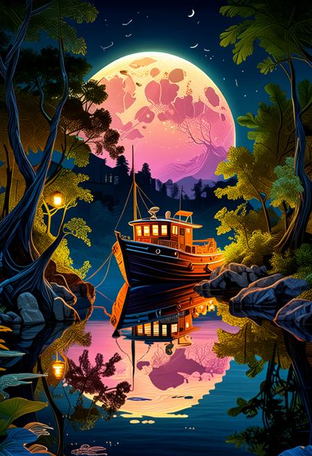 Paradise by night, full illuminating moon, reflection, a boat, shadow trees, glowing, masterpiece, best quality, double exposure, realistic, whimsical, fantastic, splash art, intricate detailed, hyperdetailed, maximalist style, photorealistic, concept art, sharp focus, harmony, serenity, tranquility, mysterious glow, soft colors, ambient occlusion, halation, cozy ambient lighting, dynamic lighting,masterpiece, liiv1, linquivera, metix, mentixis, masterpiece, award winning,