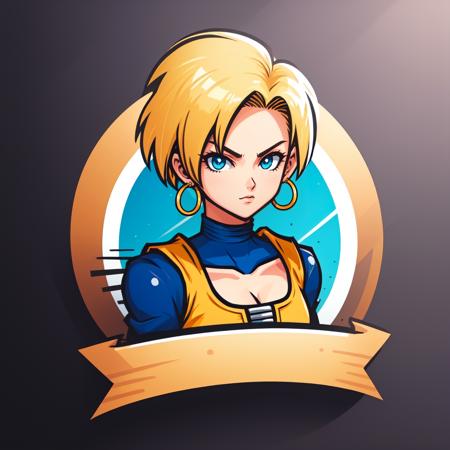 (masterpiece, best quality:1.1), (ribbon logo:1.2), 1girl, solo, (android 18:1.1), from dragon ball z, fair skin, short blonde hair, black and white battle outfit, blue eyes, gold hoop earrings, sarashi, bandages, flat color, gradient background