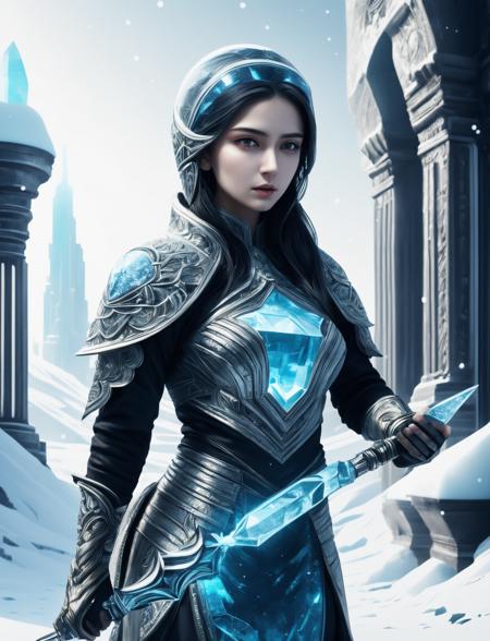 hyper detailed masterpiece, dynamic realistic digital art, awesome quality,DonMFr0stP4nk female kubaz, , flint dagger,snow, ice <lora:DonMFr0stP4nk-000006:0.85>