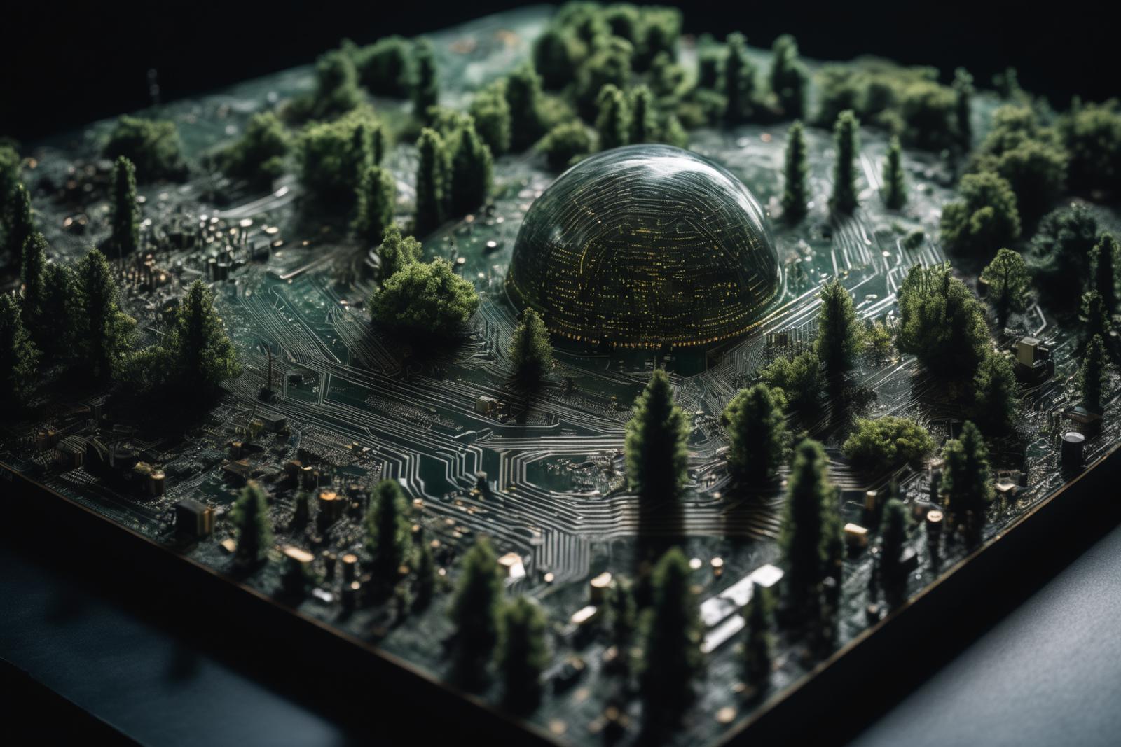 A model of a futuristic city with a green dome in the center and trees and buildings surrounding it.