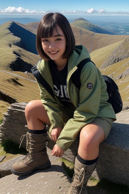 ((raw photo)),
Evie 22 years old, beautiful face, fashion model face, huge boobs, hiking jacket, black tee, cargo pants, walking boots, blonde hair, messy bob cut, bangs, green eyes, close up, tanned skin, full body shot, shy smile, sitting on rock high on mount Snowdon.
