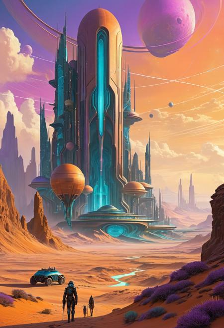A richly imaginative, science fiction or fantasy landscape unfolds in intricate linework and vivid, otherworldly colors. Strange architectures rise from alien terrains, blending futuristic technology with organic forms. Figures—often lone travelers or armored beings—navigate vast deserts, surreal cities, or floating structures under expansive, pastel-hued skies. The style is precise yet fantastical, with a strong narrative undercurrent and a deep sense of worldbuilding. The palette glows with dusky purples, teals, oranges, and sands, creating an ethereal atmosphere that feels both ancient and futuristic.