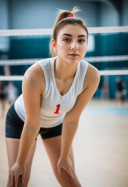 nipslip, bokeh, looking at viewer, beautiful young woman, playing volleyball, in sports uniform, gym
