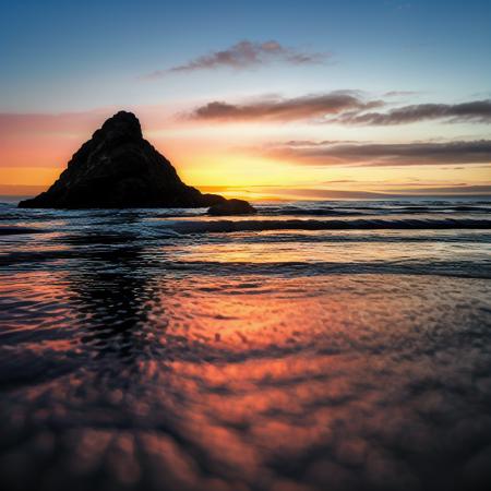 Reflections of the sunrise over the ocean, at dawn, 8k uhd, dslr, soft lighting, high quality, film grain, Fujifilm XT3  <lora:Reflections:0.8>