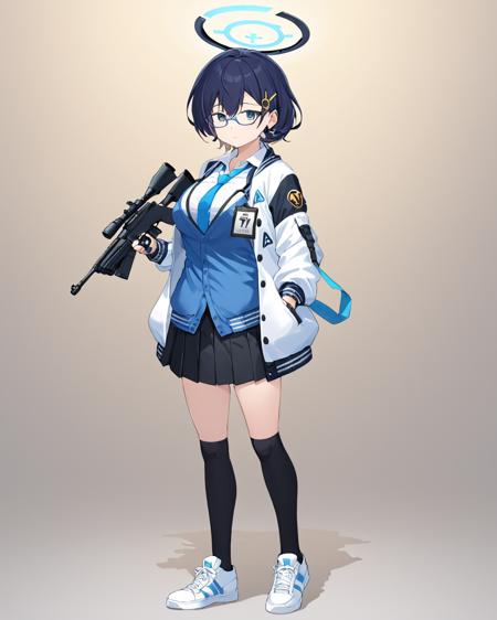 chihiro \(blue archive\),1girl, sneakers, white_footwear, solo, halo, glasses, full_body, holding_gun, rifle, blue_necktie, black_skirt, pleated_skirt, letterman_jacket, open_jacket, blue_cardigan, sweater_vest, breasts, looking_at_viewer, id_card, black_socks, simple_background, hairclip, wristwatch, under-rim_eyewear, long_sleeves, white_jacket, closed_mouth, collared_shirt
<lora:chihiro_(blue_archive)_image606_2023-11-26-000015:1>halo. gorgeous,key visual, vibrant, studio anime,award-winning, professional, highly detailed,high budget, cinemascope