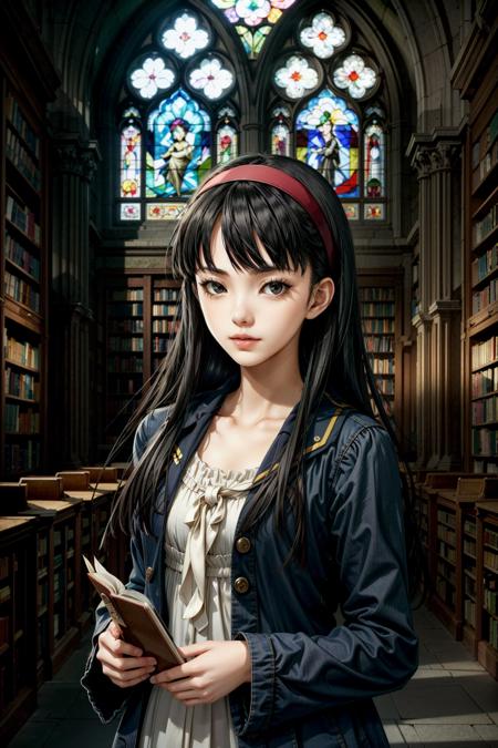 (masterpiece, best quality:1.3)
<lora:epi_noiseoffset2:1> <lora:add_detail:0.7> <lora:Persona4YukikoAmagi:0.8>
Persona4YukikoAmagi, 1girl, solo, long hair, black hair, ancient library, afternoon, quiet and atmospheric with soft, warm light filtering through stained glass windows