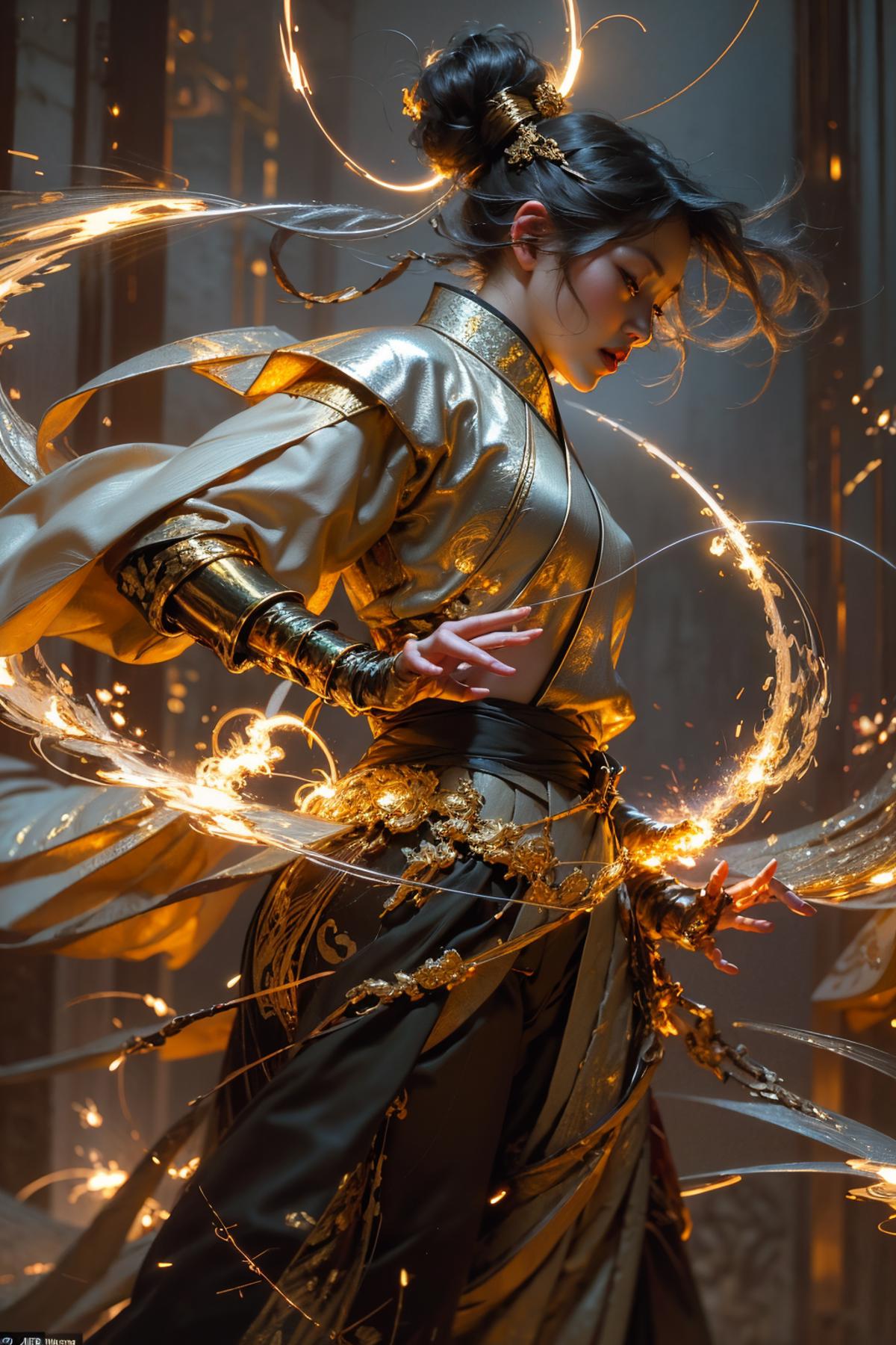 A woman in gold and white with a swirling background of gold and white sparks, possibly an anime or fantasy artwork.