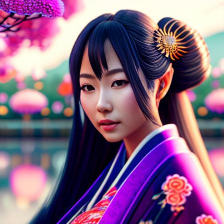 A beautiful japanese girl with hair hair ornament,  wearing a kimono with large breast, estiloventidois.