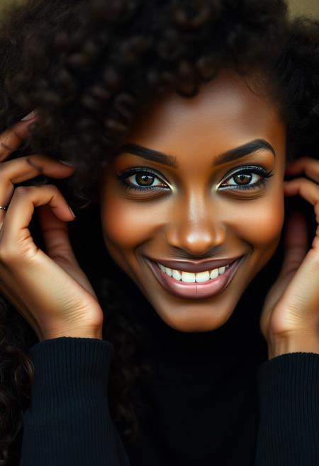 macro close-up shot of a cute black african women smiling (combing her hair with her hands:1.2) looking at viewerseductively, luxurious looking turtleneck, extremely long curly hair, seductiveconfident, skin pores, imperfections, natural, beautiful eyes, dark skin, black skin, (big hair), perfect teeth, (freckles:1.2), velus hairs, 100mm f/2.8 macro lens,, film grain, candid camera, color graded cinematic, 1960s vintage RAW photo, eye catchlights, catchlights in eyes, dramatic lighting, atmospheric lighting, rembrandt lighting,