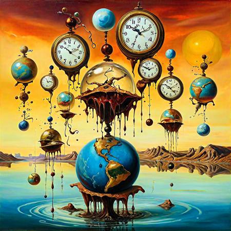 Surrealism	Dali-esque melting clocks	Juggling with floating planet
