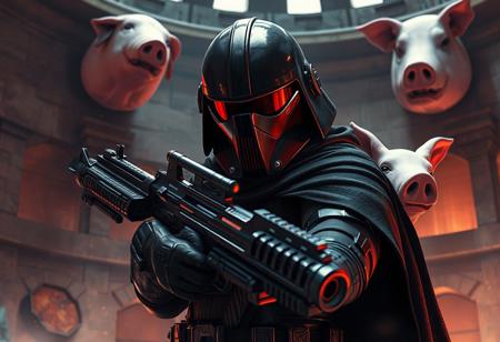 Star Wars bounty hunter, "Golgoil the Steel Seismic Smasher", Colosseum-Cage backdrop, black helmet, red visor, black cape, blaster rifle, dynamic action pose. Pink pig's head mounted on wall. Cinematic, dramatic lighting, Octane Render, Unreal Engine 5 pro, Raphael style, splash ink illustration, CGSociety, trending on ArtstationHQ, golden ratio. 4k, hyperdetailed face, vivid colors, matte painting, impeccable composition, attractive background, balanced editing.