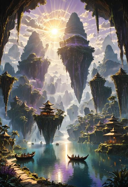 Majestic floating mountains inspired by the natural stone spires of Southeast Asia, covered in lush green tropical vegetation and partially shrouded in mist. A vast blue ocean surrounds a chain of floating islands suspended in the sky, with cascading waterfalls falling endlessly into the sea below. Warm sunlight filters through scattered clouds, creating golden sunbeams that illuminate the cliffs and treetops. A lone wooden boat with a lantern drifts quietly on a calm lake far below, with a figure sitting peacefully under a straw hat, wearing a loose white shirt. The sky is filled with soft purples and oranges of the late afternoon, creating a serene and magical atmosphere. Hyper-realistic details, cinematic lighting, natural colors, sharp focus, inspired by the landscapes of Avatar and Southeast Asian karst mountains. --floating island, cliff, ocean, mountain, jungle, clouds, sunbeam, realistic nature, dreamy
<lora:crazy landscape:0.8>
