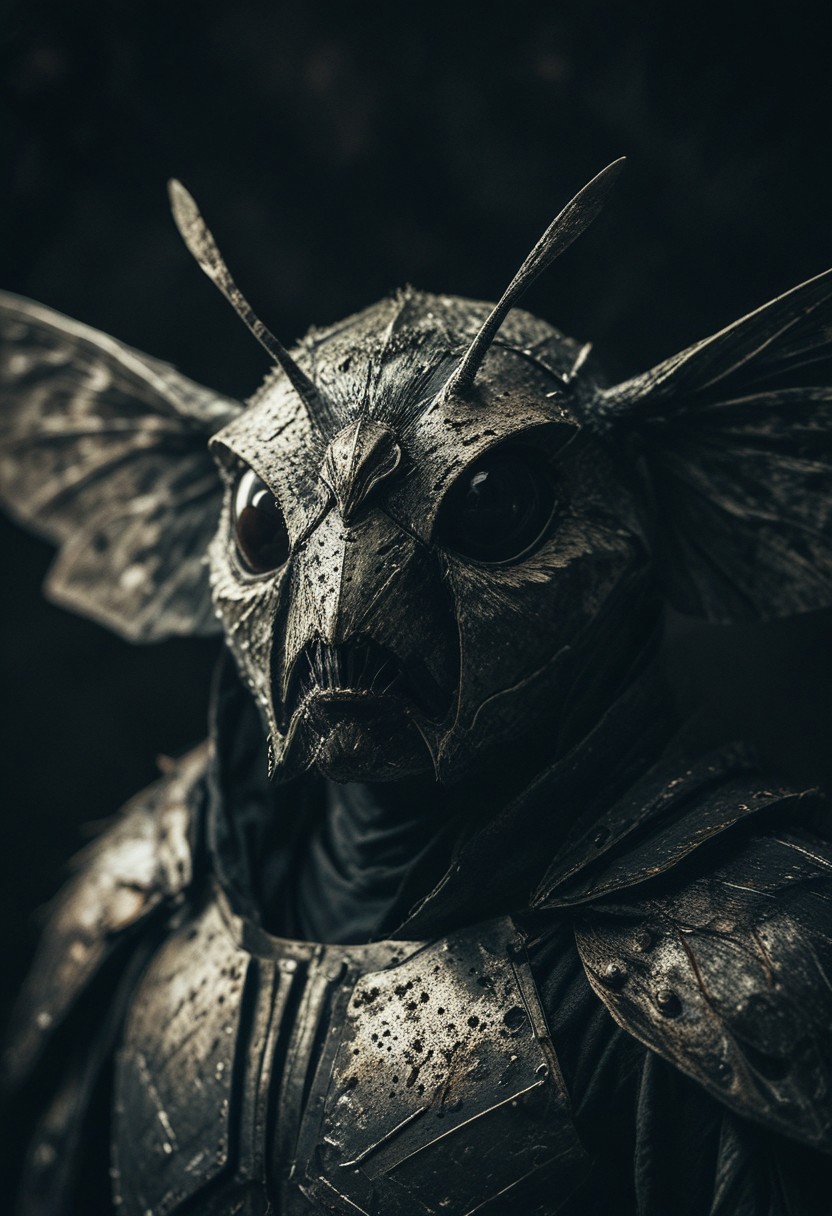 close up shot of a moth in iron armour, black cape, studio background, high-contrast palette, subtle grain, cinematic quality, modern art photograph, looking at viewer