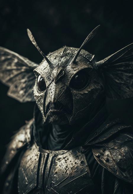 close up shot of a moth in iron armour, black cape, studio background, high-contrast palette, subtle grain, cinematic quality, modern art photograph, looking at viewer