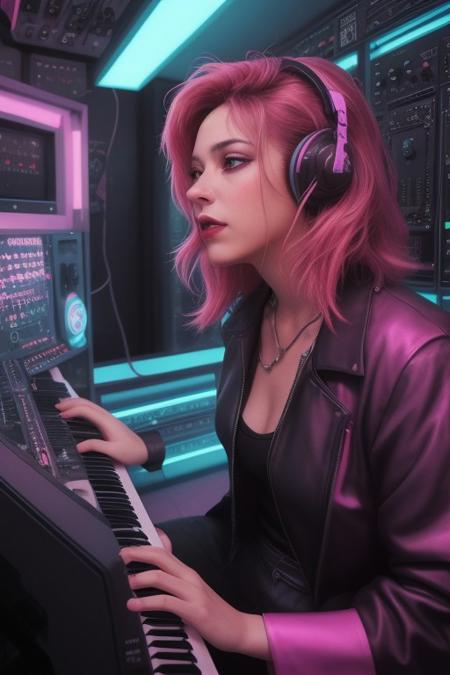 Gorgeous 80s female, sexy,
Inspiration:
Synthwave draws heavily from the music of 1980s films as well as from video games and the overall 1980s aesthetic. 
Sound:
It's typically characterized by synthesizers, drum machines, and a variety of effects, including gated reverb and analog synthesizer bass lines, all designed to evoke the sound of the 1980s. 
Tempos:
Common tempos range from 80 to 118 BPM, while faster tracks may be between 128 and 140 BPM. 
Aesthetic:
Synthwave is not just about the music, but also about the visuals. Neon lights, retro-futuristic imagery, and other 1980s aesthetics are commonly associated with the genre. 
Origin:
While the genre is rooted in the 1980s, it emerged as a distinct microgenre in the mid-late 2000s, 
Instrumentation:
Synthwave can be primarily instrumental, but it also sometimes incorporates vocals, especially in its more pop-oriented aspects. 
Inspiration from other genres:
Synthwave also draws inspiration from electronic dance music genres like house, synth, and nu-disco.
