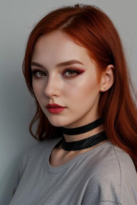 raw photo,  (25yo redhead girl:1.2), makeup, graphic eyeliner, rouge, (choker:0.9), realistic skin texture, oversize shirt, (red:0.8), softcore, warm lighting, cosy atmosphere, instagram style